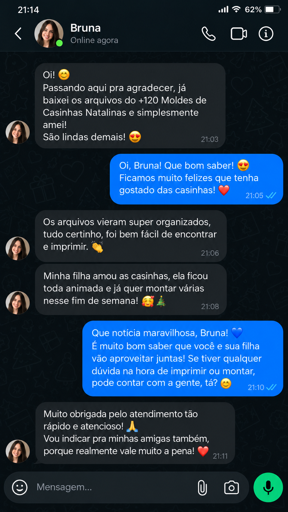Mensagem de Bruna sobre o material