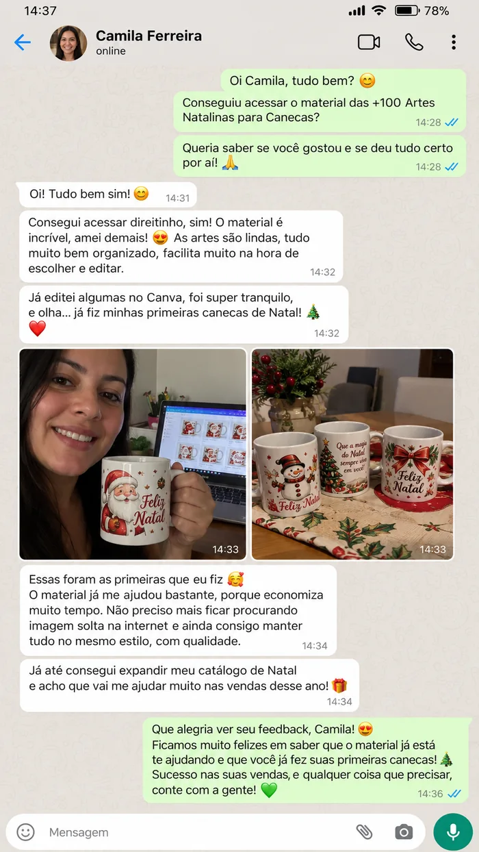 Mensagem de Camila sobre as artes natalinas para canecas