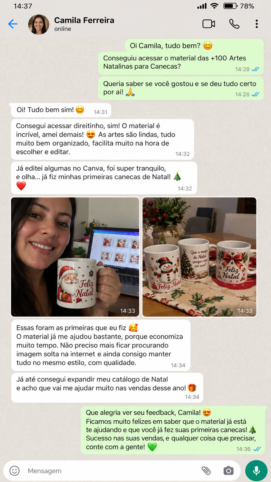 Mensagem de Camila sobre as artes natalinas para canecas