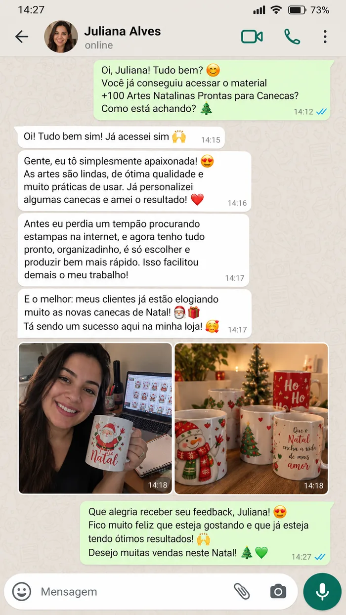Mensagem de Juliana sobre as artes natalinas para canecas
