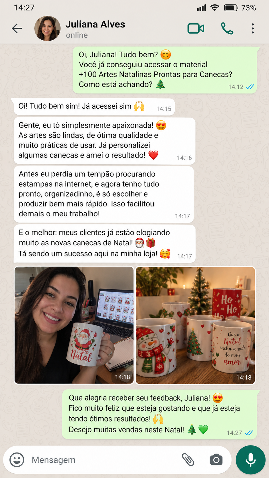 Mensagem de Juliana sobre as artes natalinas para canecas