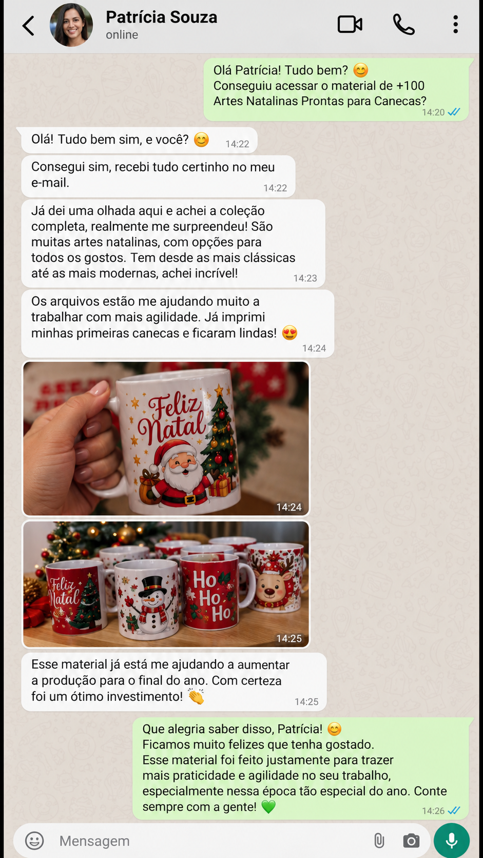 Mensagem de Patrícia sobre as artes natalinas para canecas