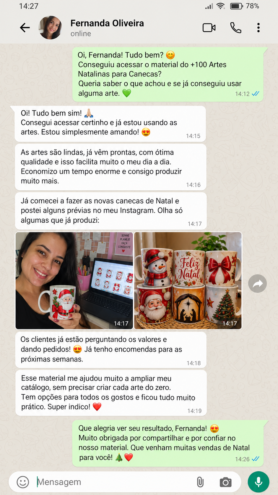 Mensagem de Fernanda sobre as artes natalinas para canecas