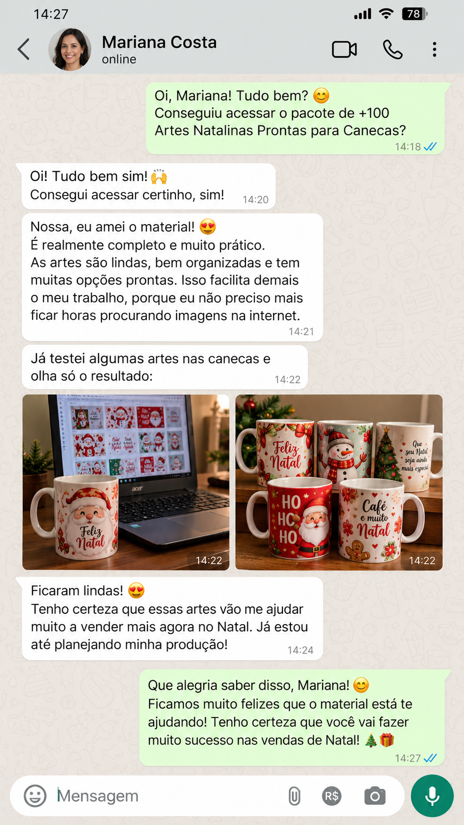 Mensagem de Mariana sobre as artes natalinas para canecas