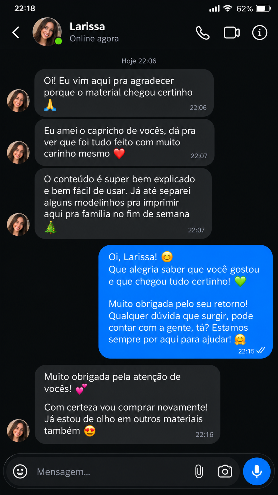 Mensagem de Larissa sobre o material
