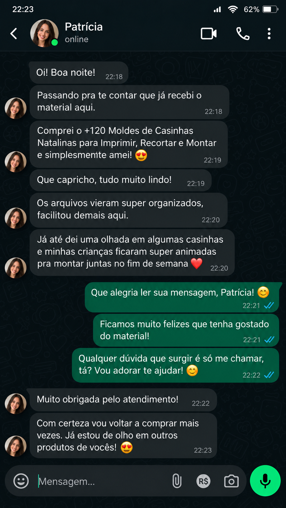 Mensagem de Patrícia sobre o material