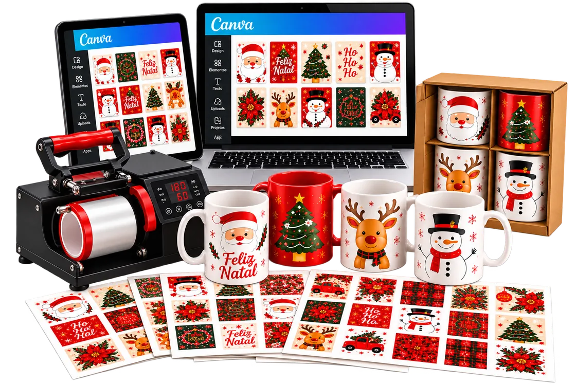 Kit de artes natalinas para sublimação com canecas, estampas e equipamentos