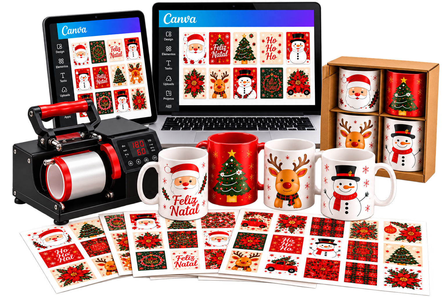 Kit de artes natalinas para sublimação com canecas, estampas e equipamentos
