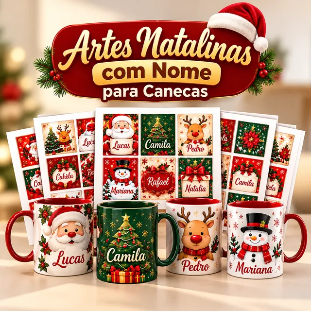 Artes natalinas com nome para canecas