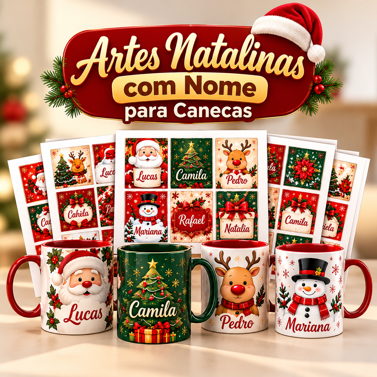 Artes natalinas com nome para canecas