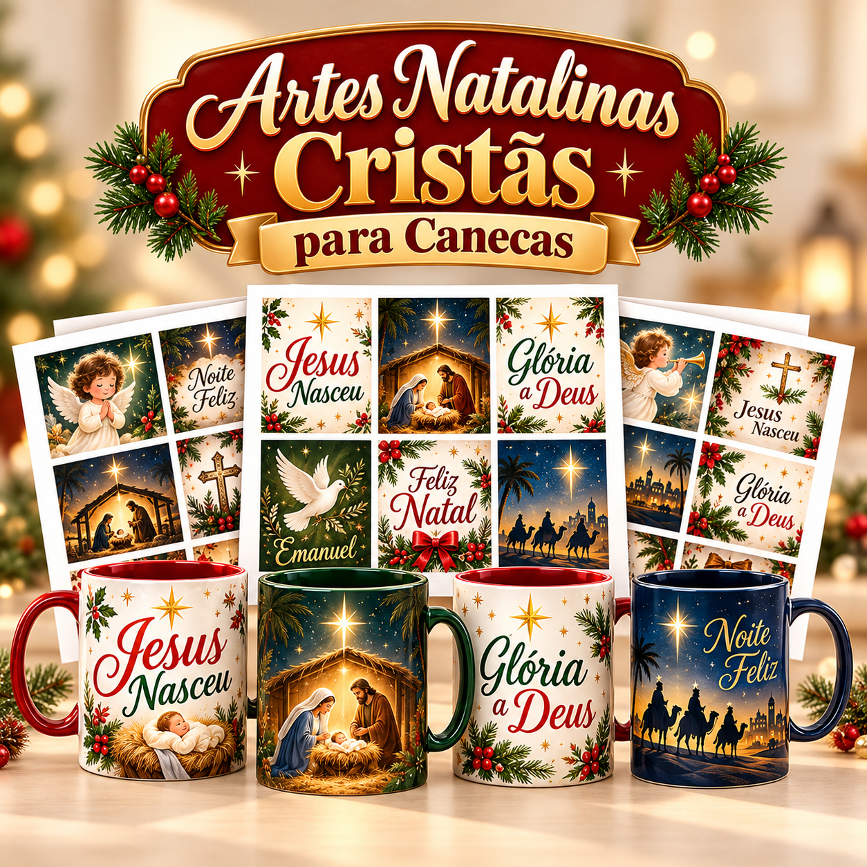 Artes natalinas cristãs para canecas